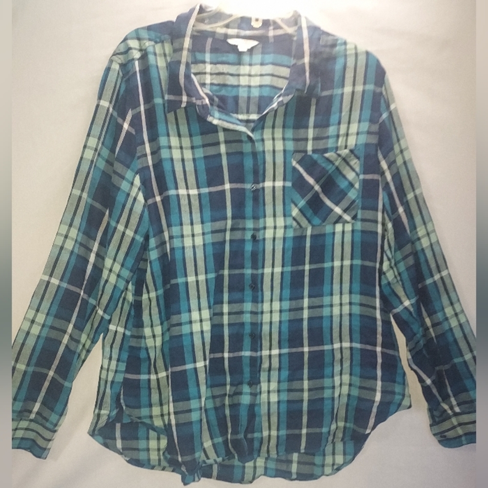 Plaid Button-Front Women's Top in Teal and Navy